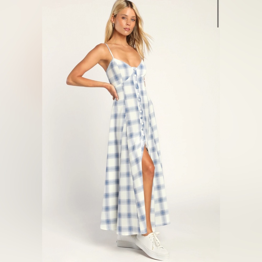 Keep on Charming Ivory Blue Plaid Button-Front Midi Dress